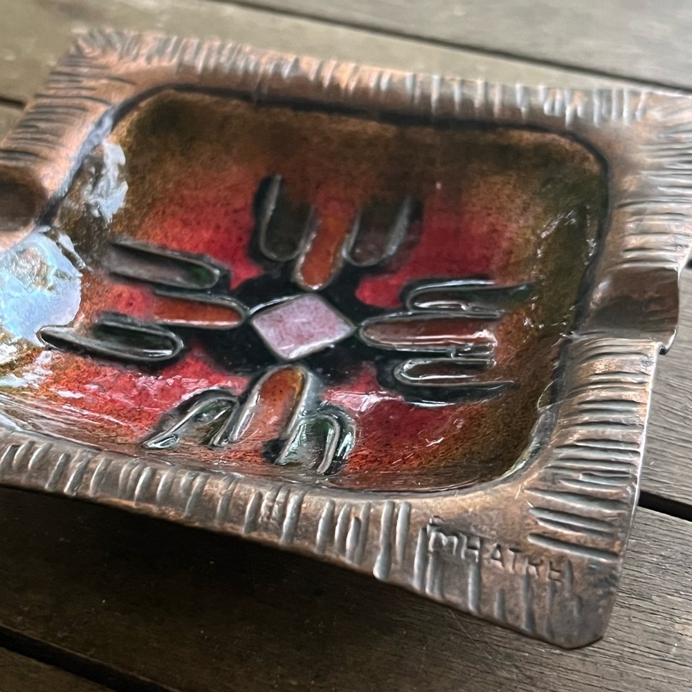Vintage MCM Enameled Copper Ashtray Signed